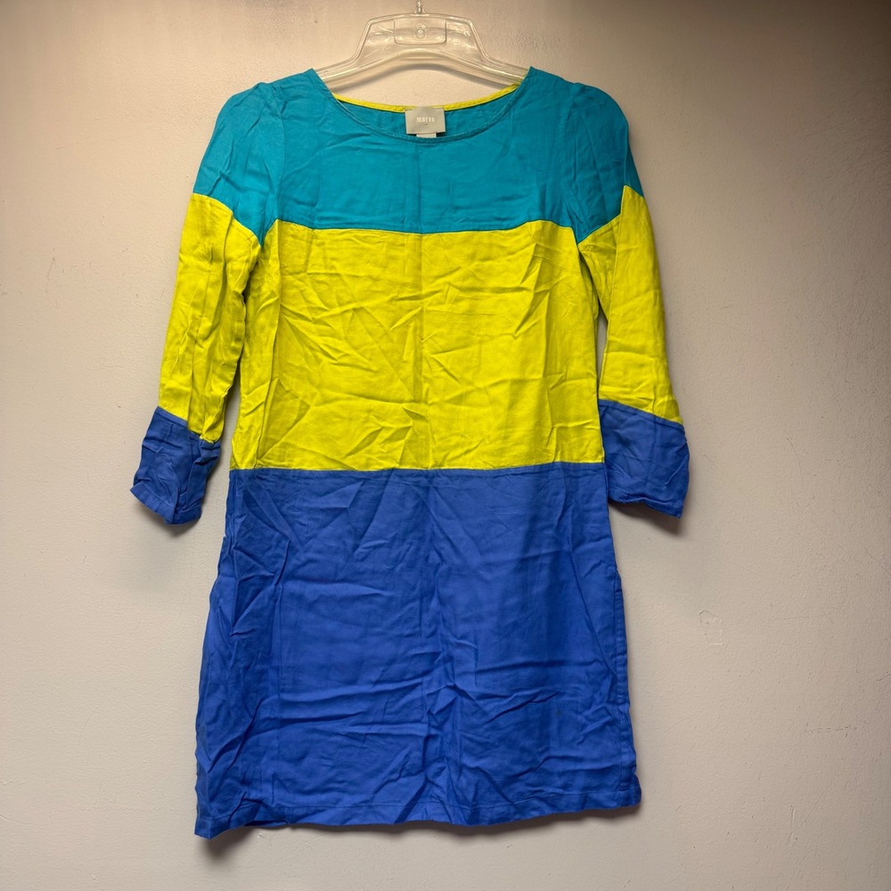 Maeve Colorblock Shift Dress Womens 6 Blue Yellow Teal Excellent 3/4 Sleeve